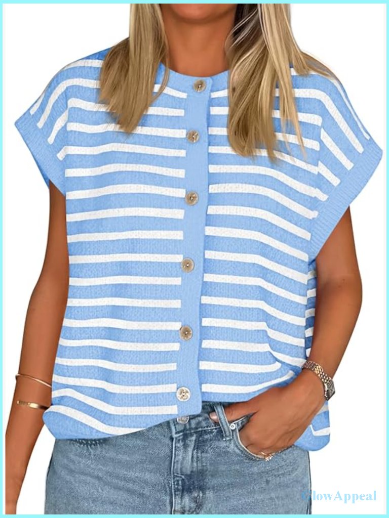 Striped Cap Sleeve Sweater Vest Crew Neck Button Down Cardigan Cute Knit Tops